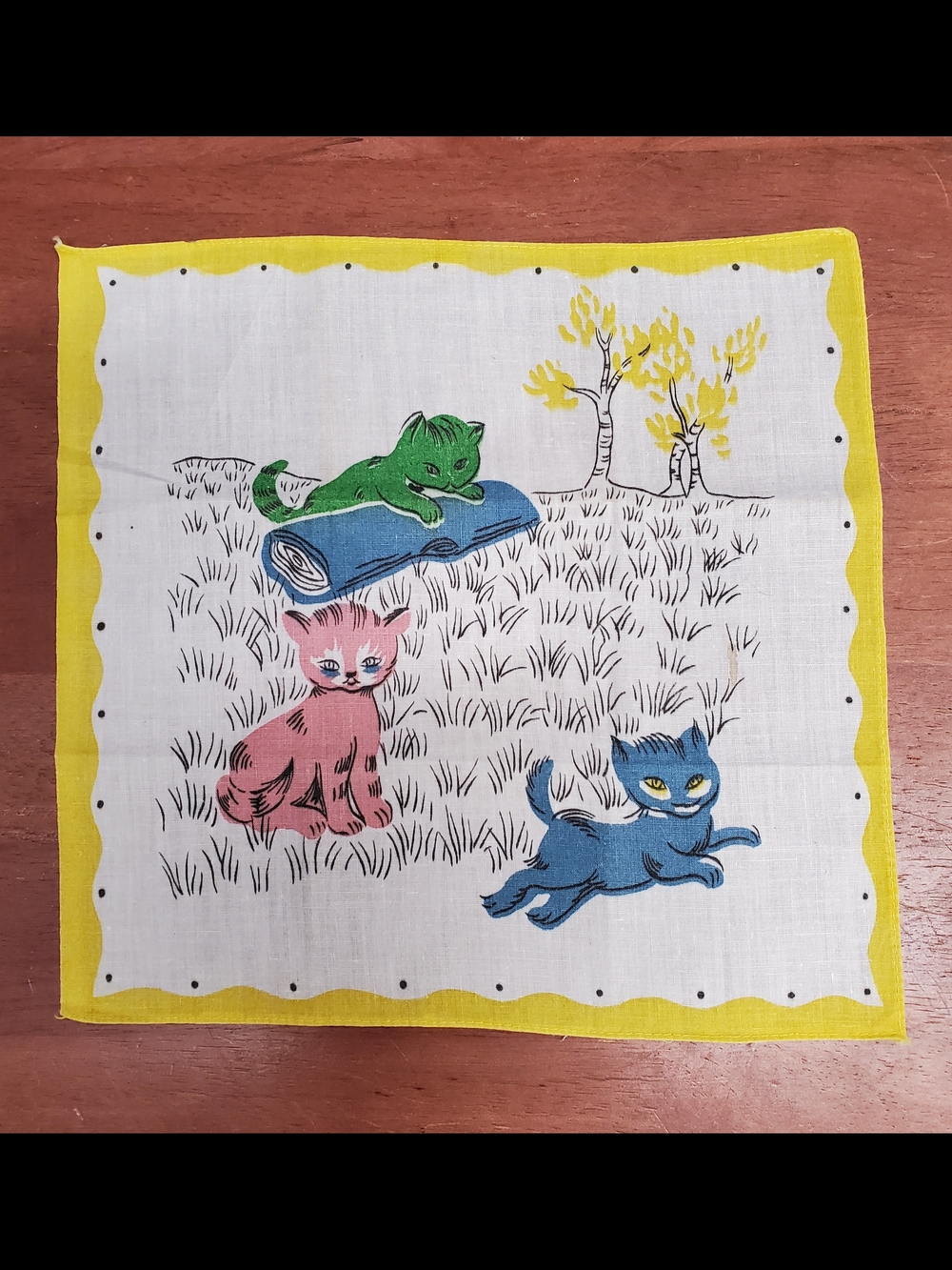 Vintage Cat Kitten Print Handkerchief - Yellow Border